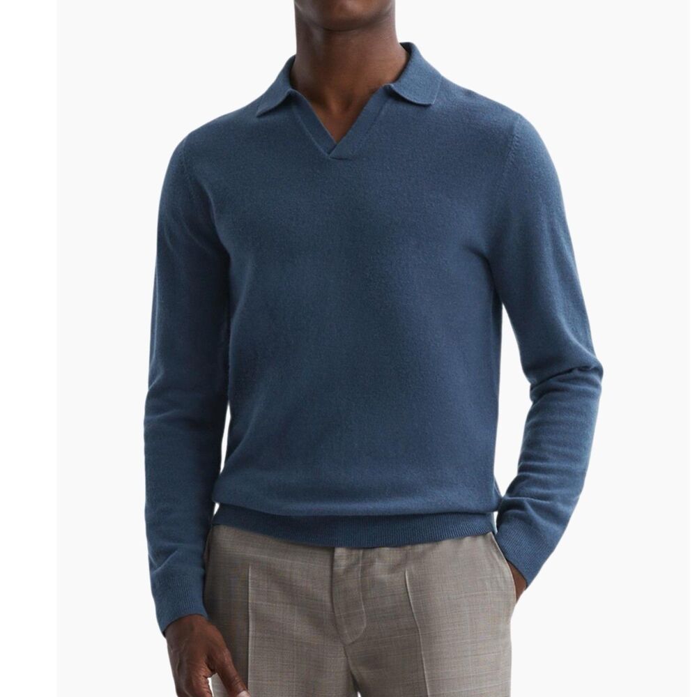Reiss Mens Swift Merino Wool Collared Sweater Size XXL Navy Blue Long Sleeves